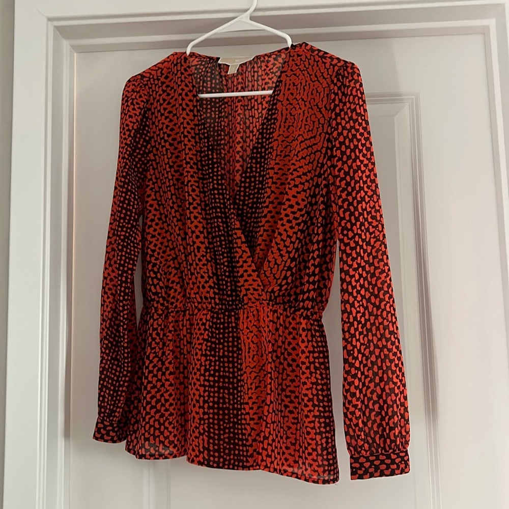 Michael Kors Orange/Brown Long Sleeve Deep V Dress Blouse Size Small